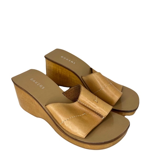 Bakers Shoes - Vintage Bakers Tan Leather Wooden Heeled Wedge Sandals Shoes Womens Size 8 EUC